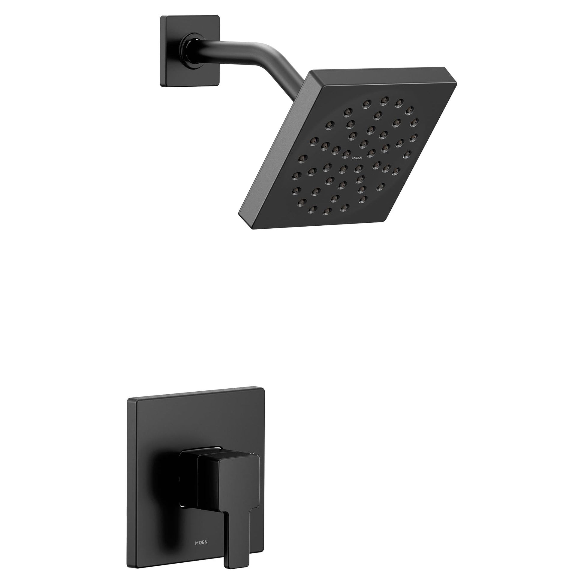 Matte black single-handle shower trim with square showerhead and wall-mounted valve.
