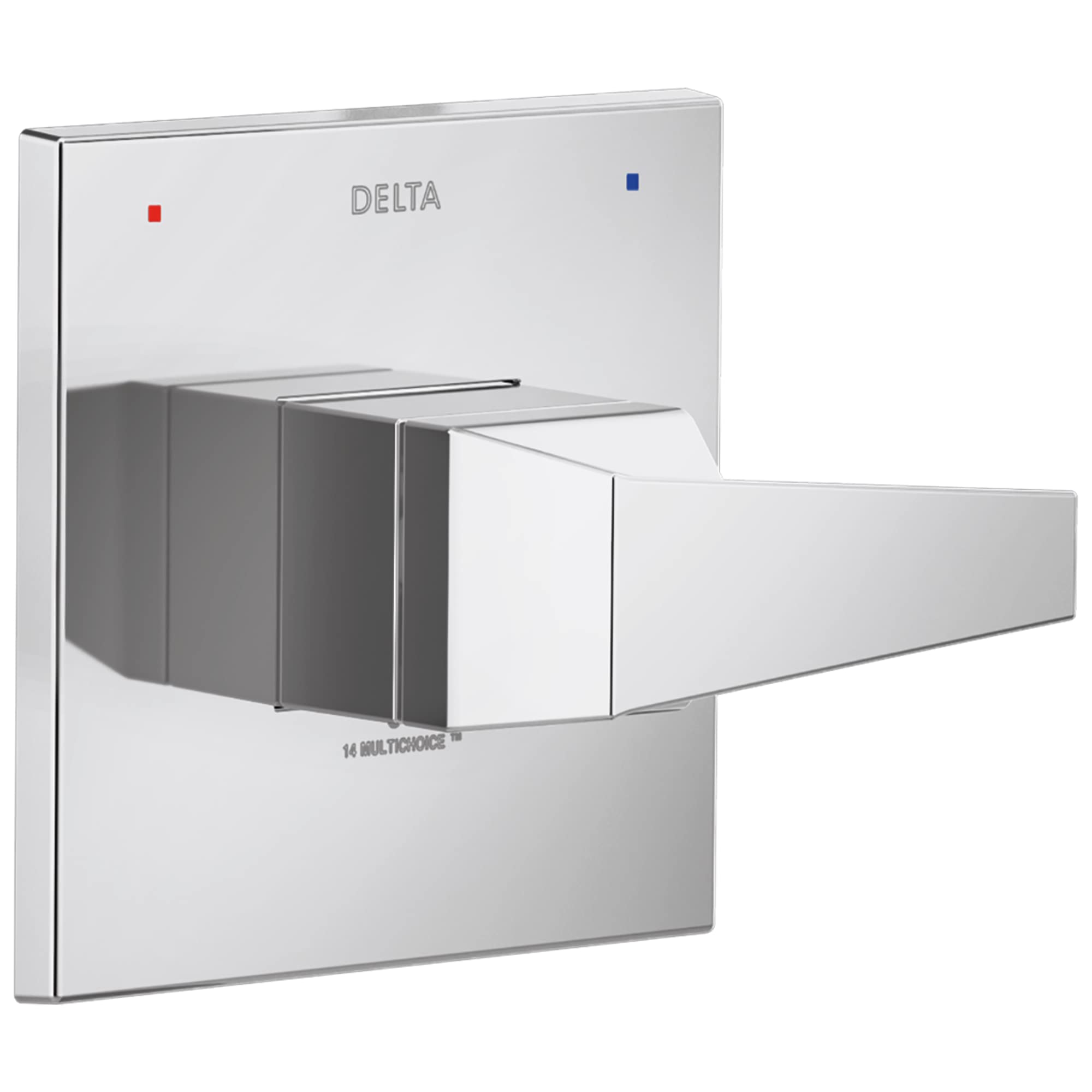 Chrome square valve trim with Delta branding, red and blue indicator dots, and angular lever handle.