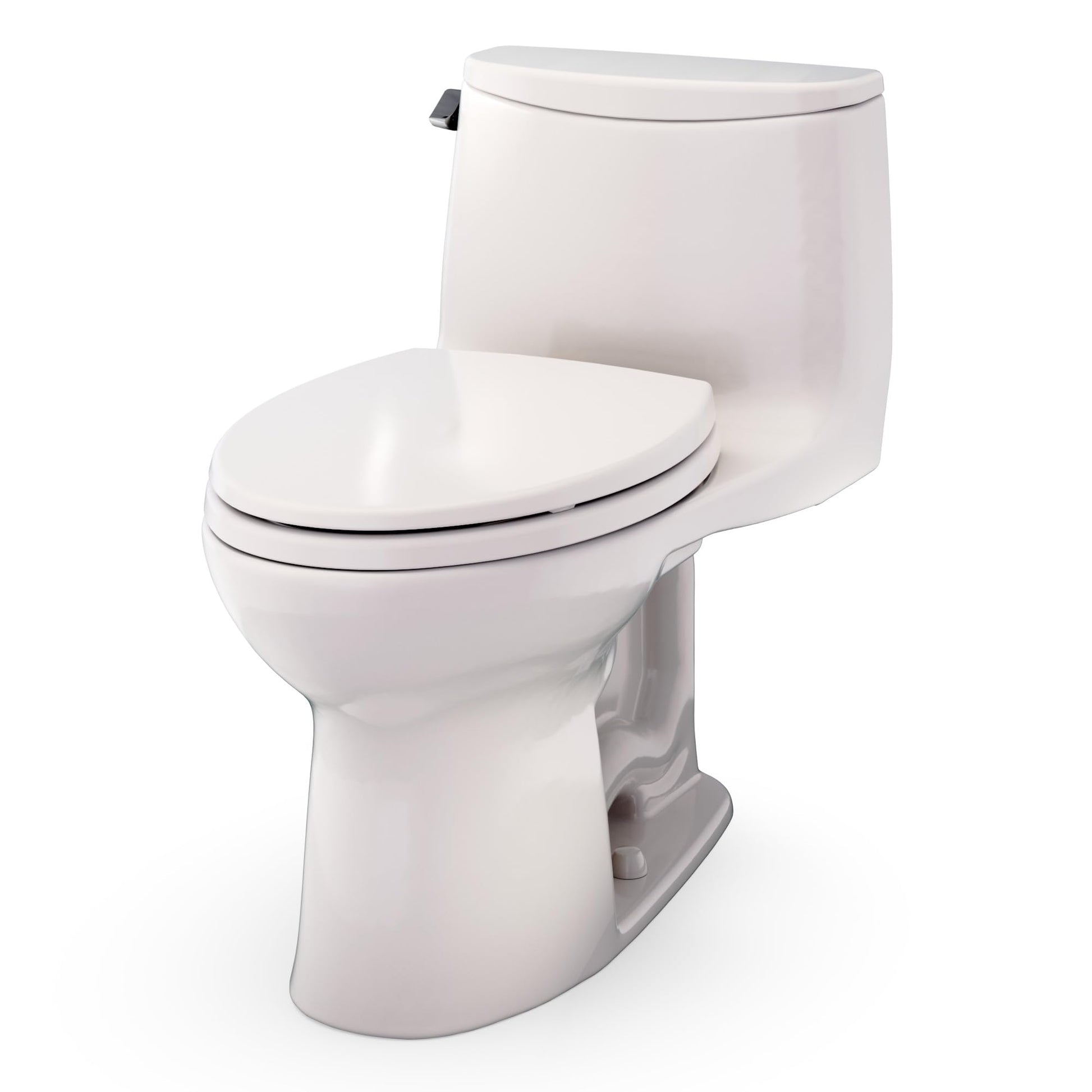 One-piece elongated toilet in beige with closed seat lid and tank-mounted lever flush handle.