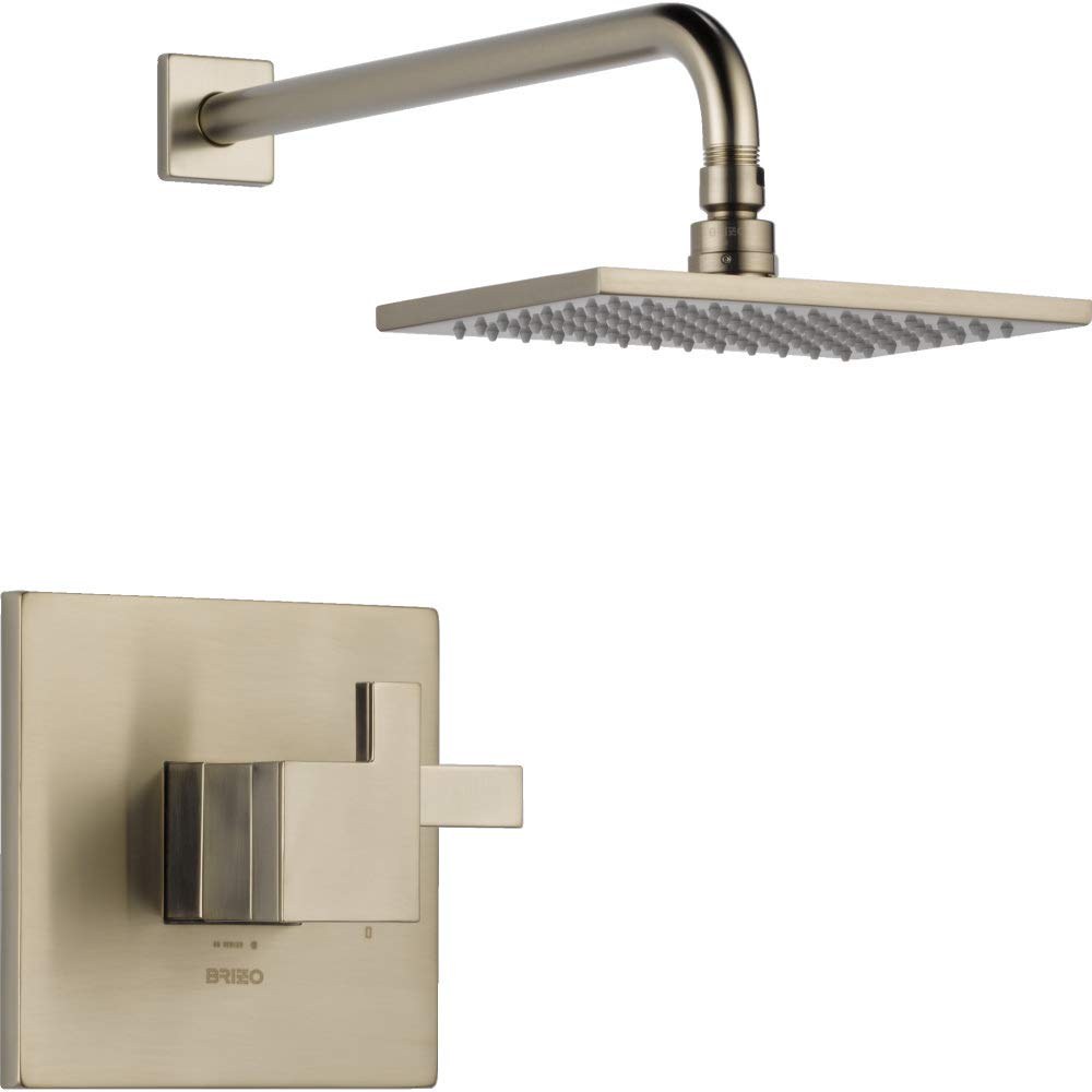 Brushed nickel shower trim with square wall-mounted control plate, overhead rain showerhead, and angled arm assembly.
