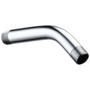 Chrome shower arm with threaded connections at both ends, angled downward design.