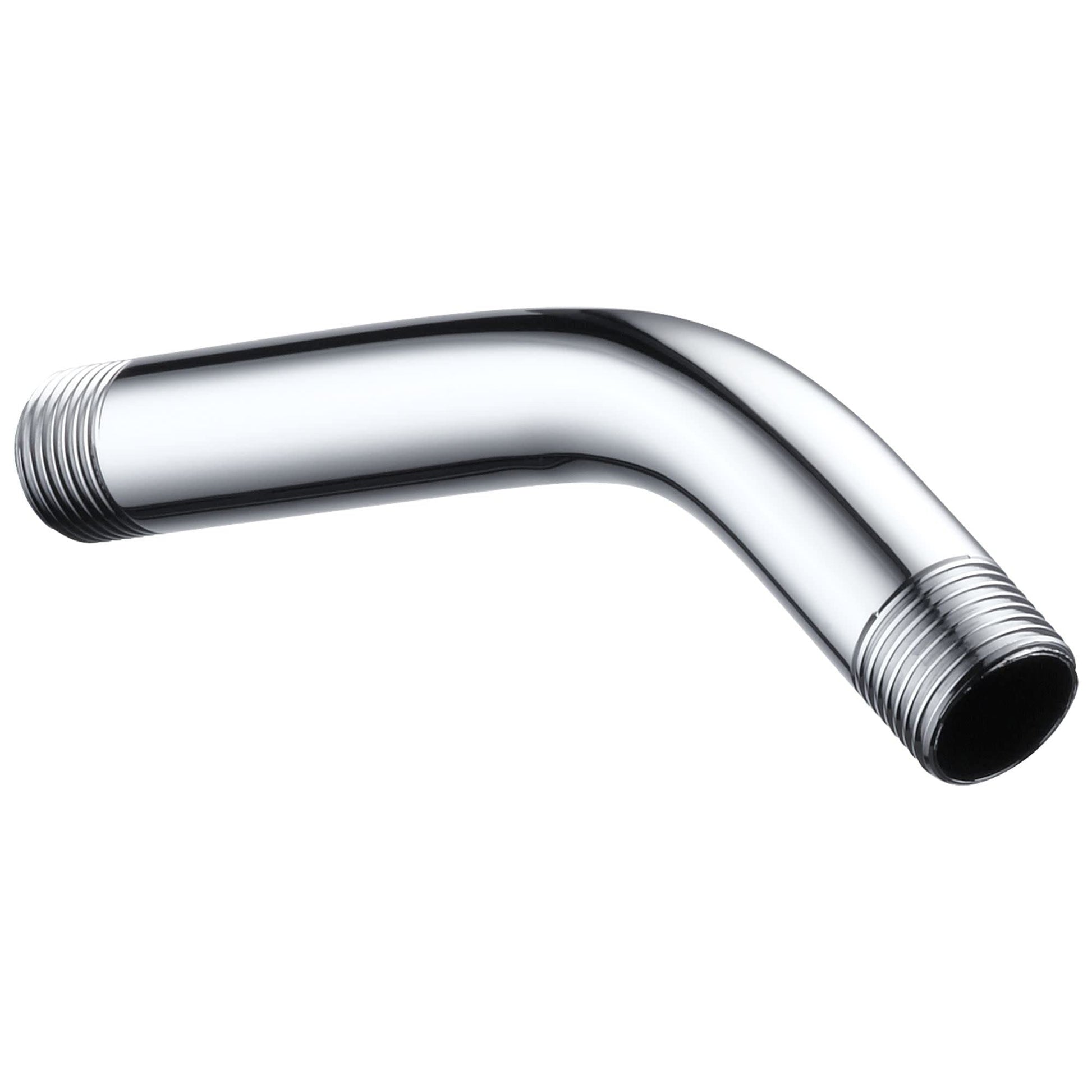 Chrome shower arm with threaded connections at both ends, angled downward design.