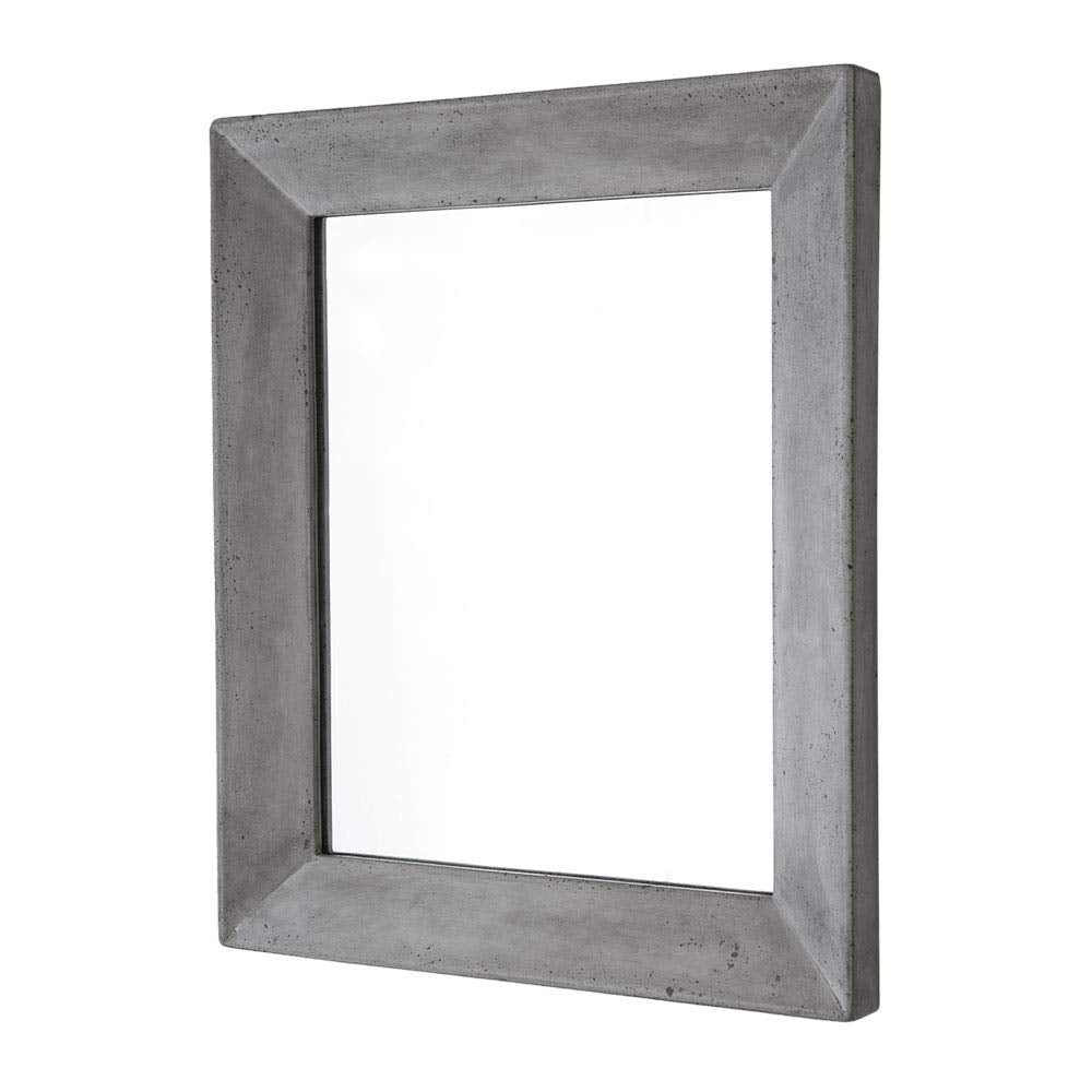 Rectangular wall mirror with ash-colored concrete frame and beveled edge detail.