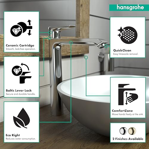 Chrome single-hole bathroom faucet with tall curved spout and lever handle over white sink.