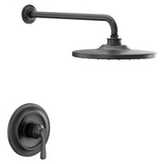 Matte black single-handle shower trim kit with round showerhead and curved arm, includes wall-mounted valve trim.