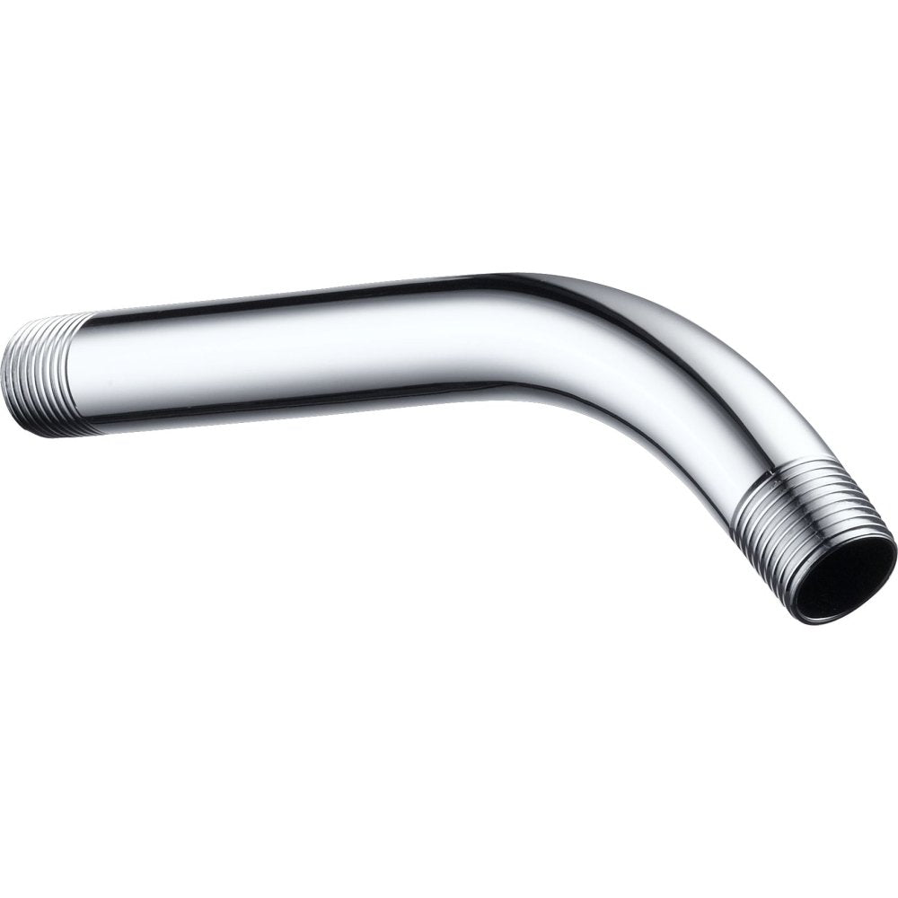 Chrome shower arm with angled elbow bend and threaded connection points on both ends.