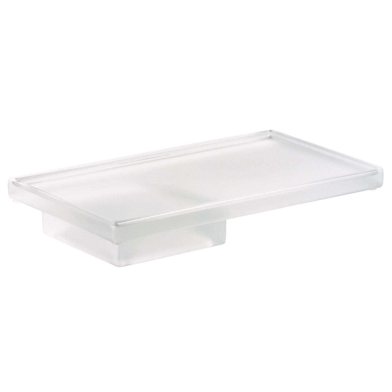 Chrome rectangular soap dish with shallow basin and raised rim edges.