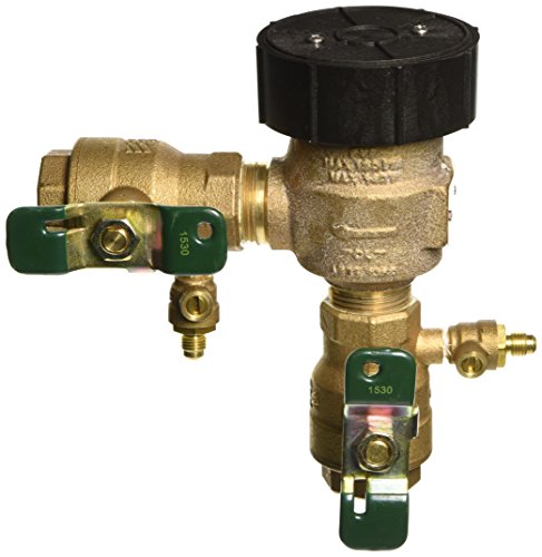 Brass pressure vacuum breaker with black cap, green manual drain valves, and threaded ports for 1" pipe connections.