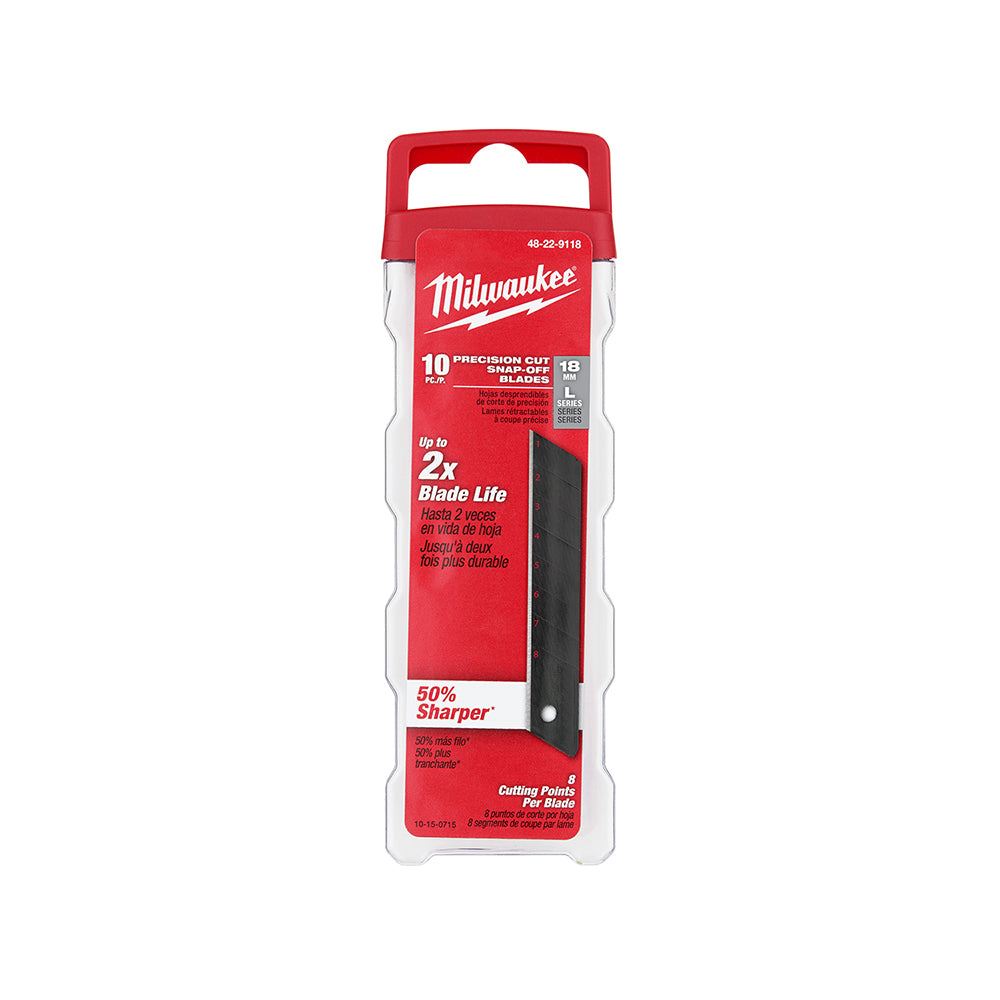Milwaukee 48-22-9118 pack of 10 black 18mm precision snap blades with red and white packaging.