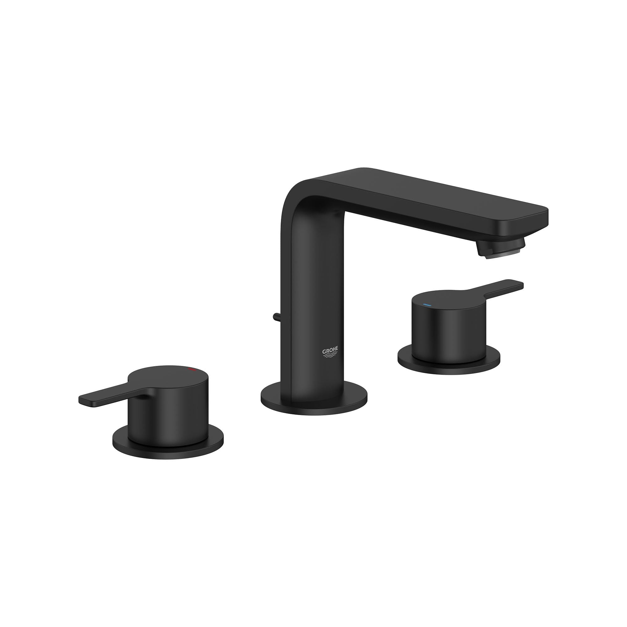 Matte black widespread bathroom faucet with two handle controls and rectangular spout.