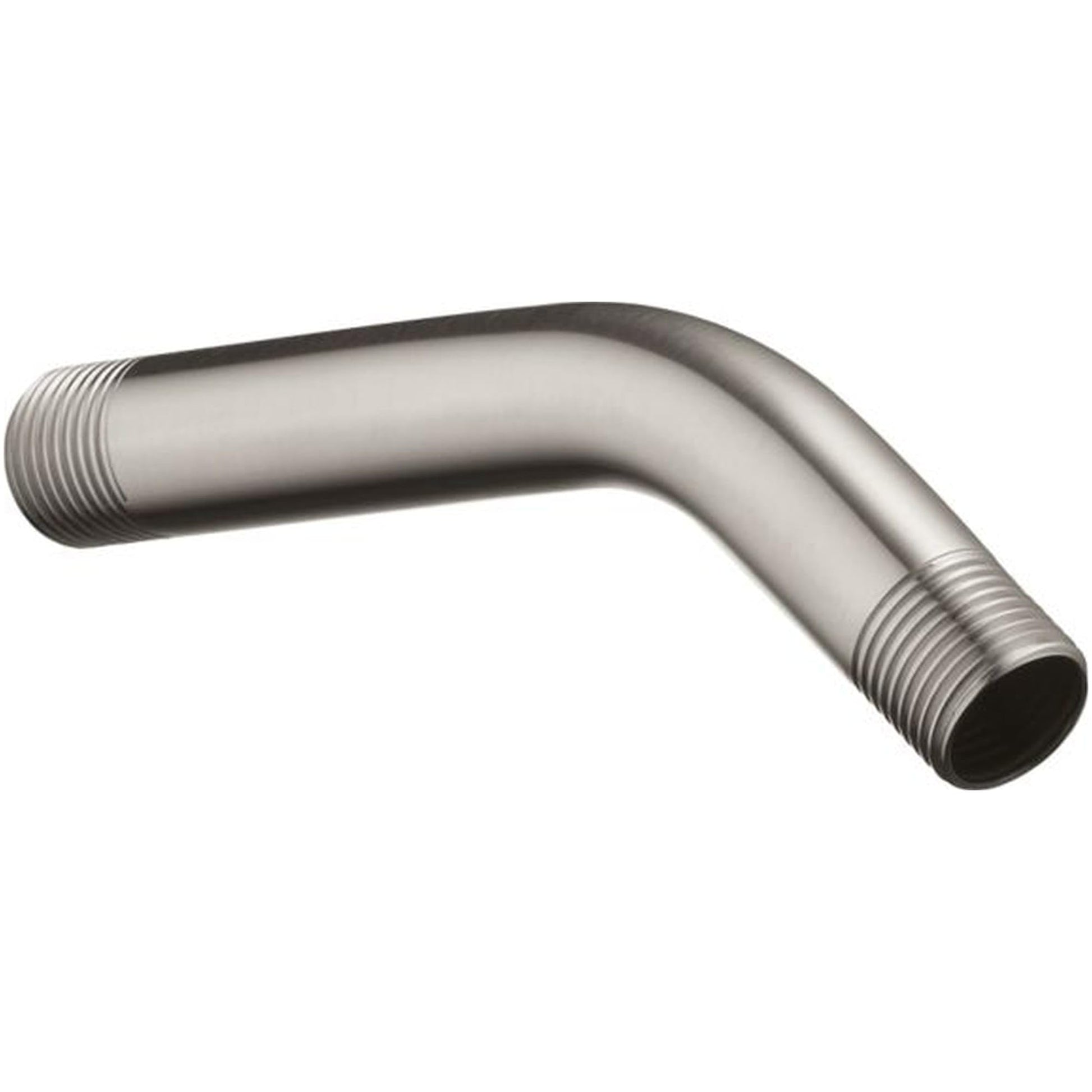 Polished nickel shower arm with threaded connections at each end, angled upward design.