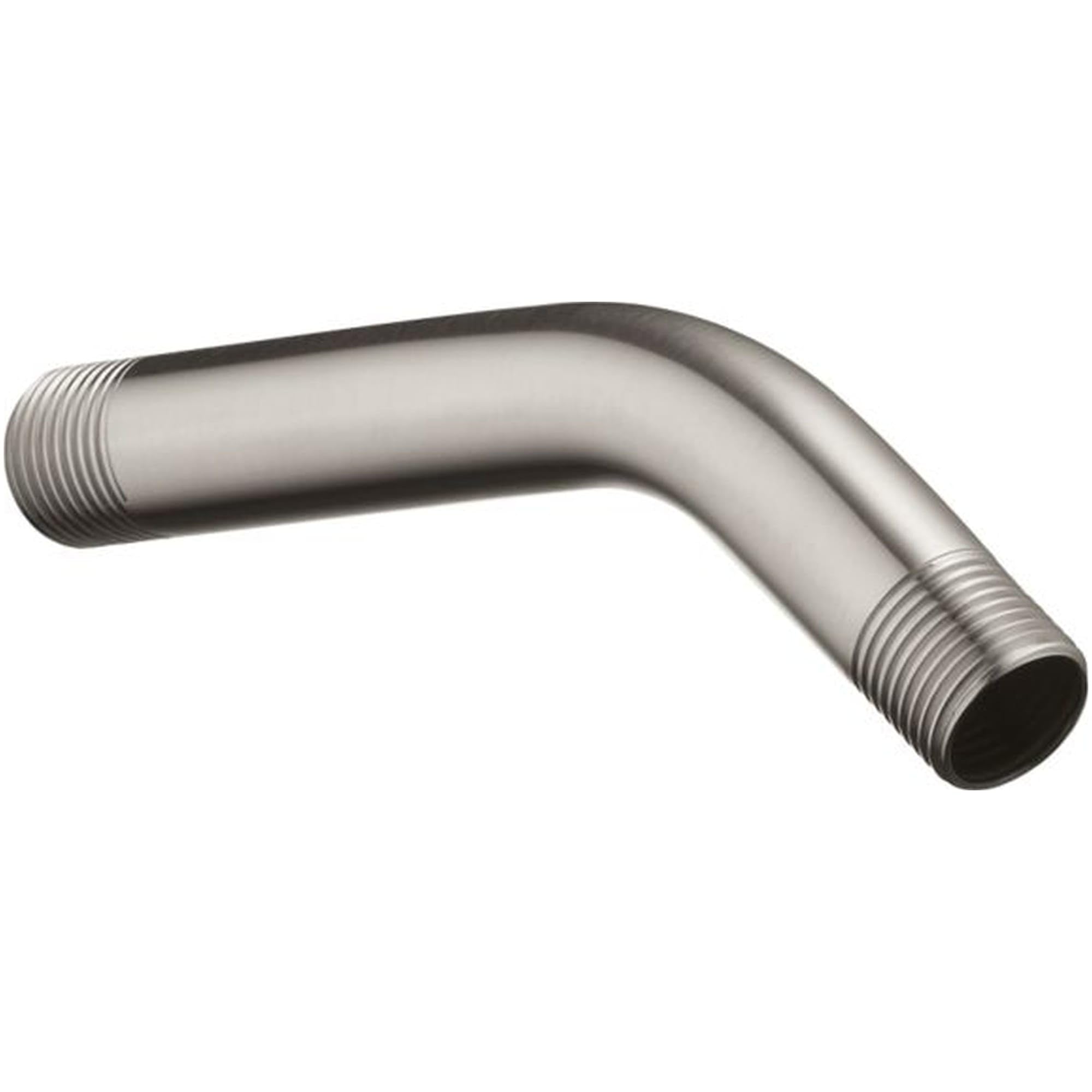 Polished nickel shower arm with threaded connections at each end, angled upward design.