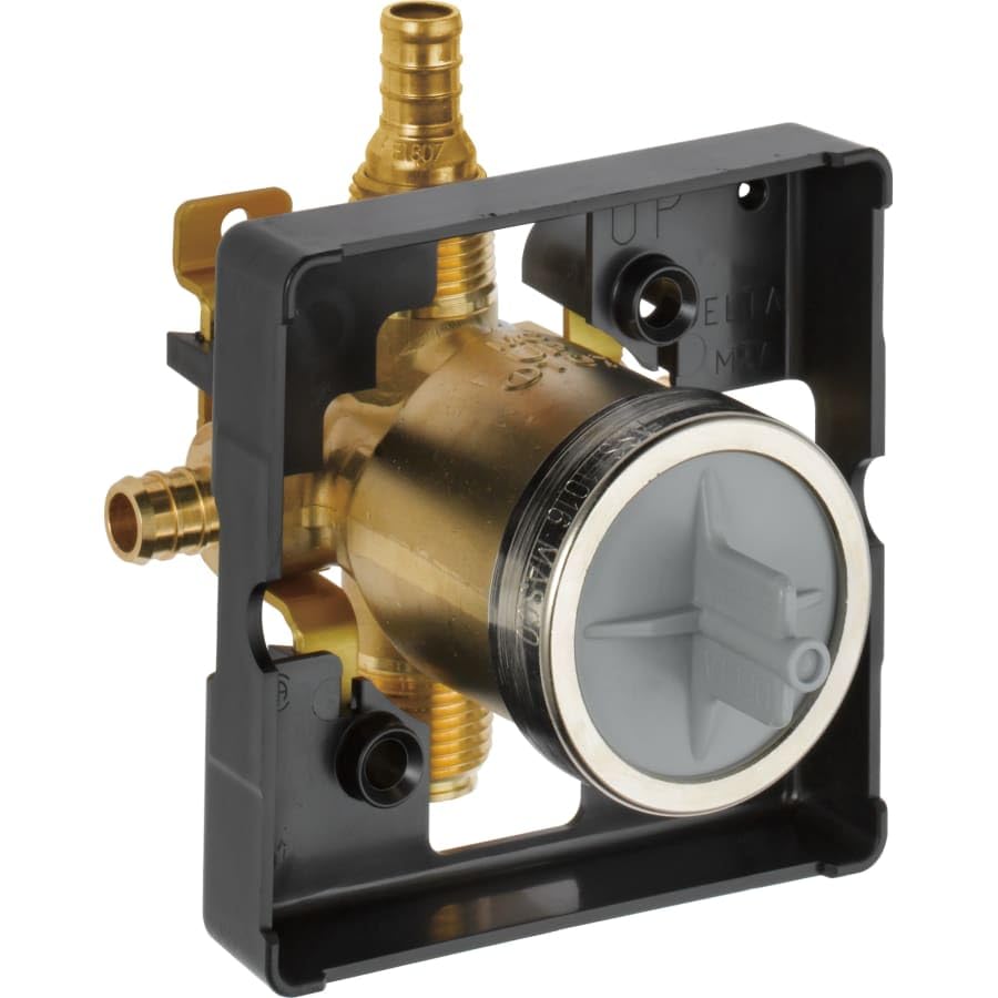 Brass pressure balance valve assembly with black mounting bracket, inlet and outlet ports, and circular trim ring with white 