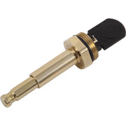 Polished brass push-button diverter valve with black button cap and threaded brass body for tub and shower installation.