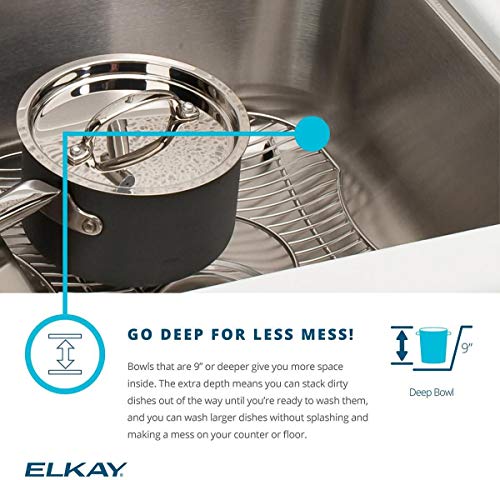 Stainless steel drop-in sink with single bowl and polished chrome rim, displaying depth comparison with cookware.