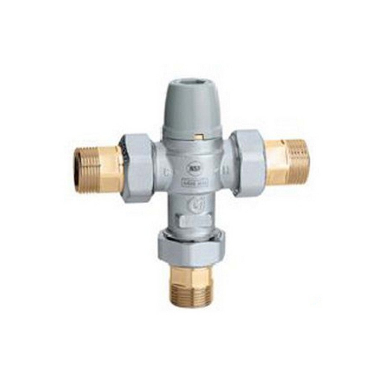 Brass and gray mixing valve with three outlet ports and adjustable cap on top.