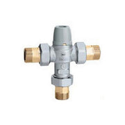 Brass and gray mixing valve with three outlet ports and adjustable cap on top.