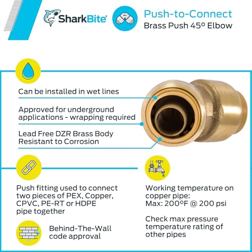 Brass 45-degree elbow fitting with 1/2-inch push connections on both ends.