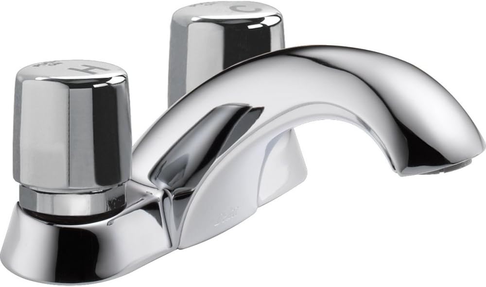 Chrome two-handle metering faucet with cylindrical knob handles and curved spout for commercial use.