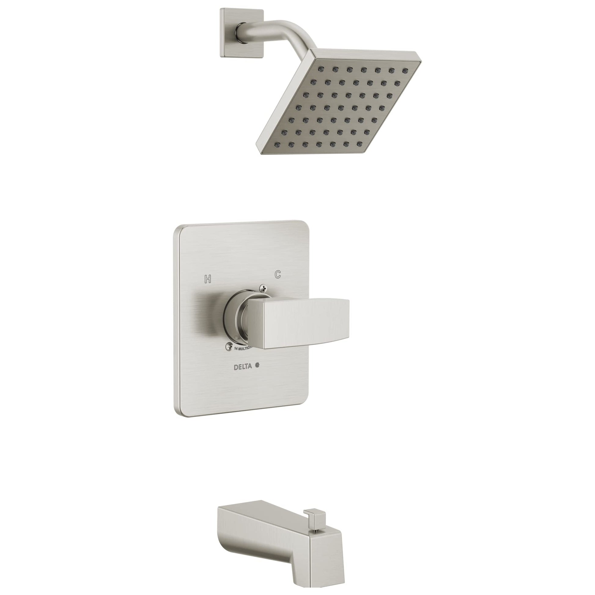 Brushed nickel square showerhead with matching wall-mounted valve trim and tub spout.