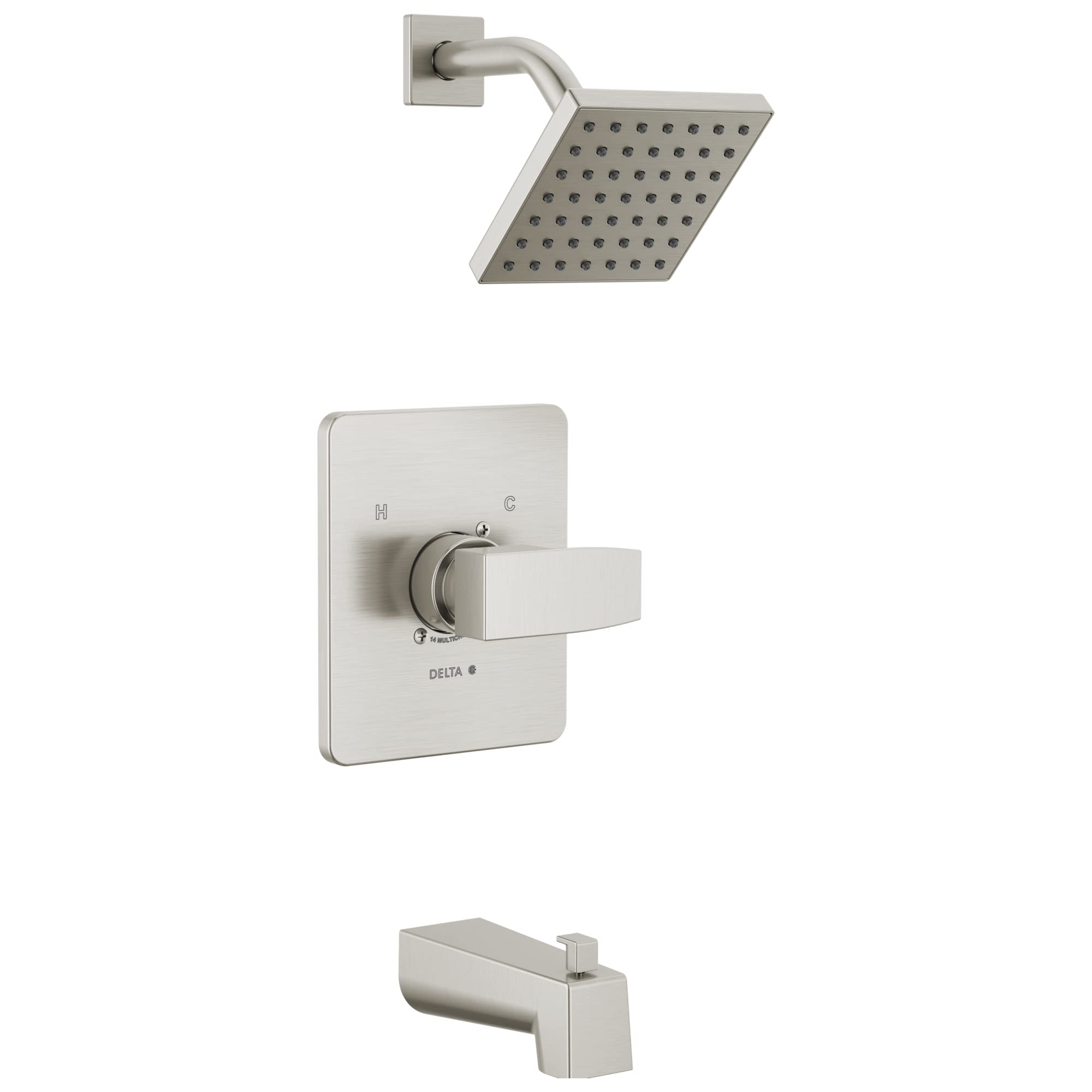 Brushed nickel square showerhead with matching wall-mounted valve trim and tub spout.