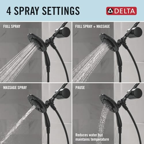 Matte black Delta shower filter showing four spray settings: full spray, full spray plus massage, massage spray, and pause mo