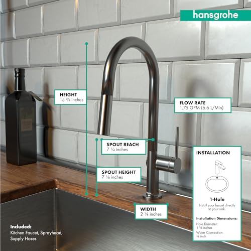 Brushed black chrome high-arc kitchen faucet with pull-down spray head mounted on wooden countertop against white subway tile