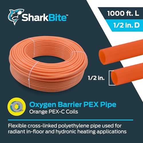 Orange PEX-C radiant heating pipe coil, 1/2 inch diameter, 1000 feet length, with oxygen barrier layer.