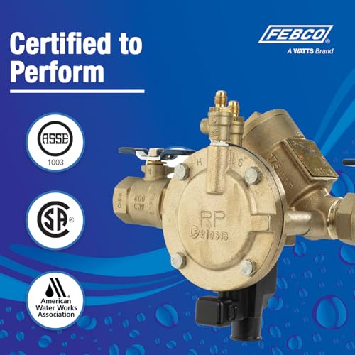 Brass backflow preventer with inlet and outlet ports, ball valve lever, and test cocks on blue product packaging.