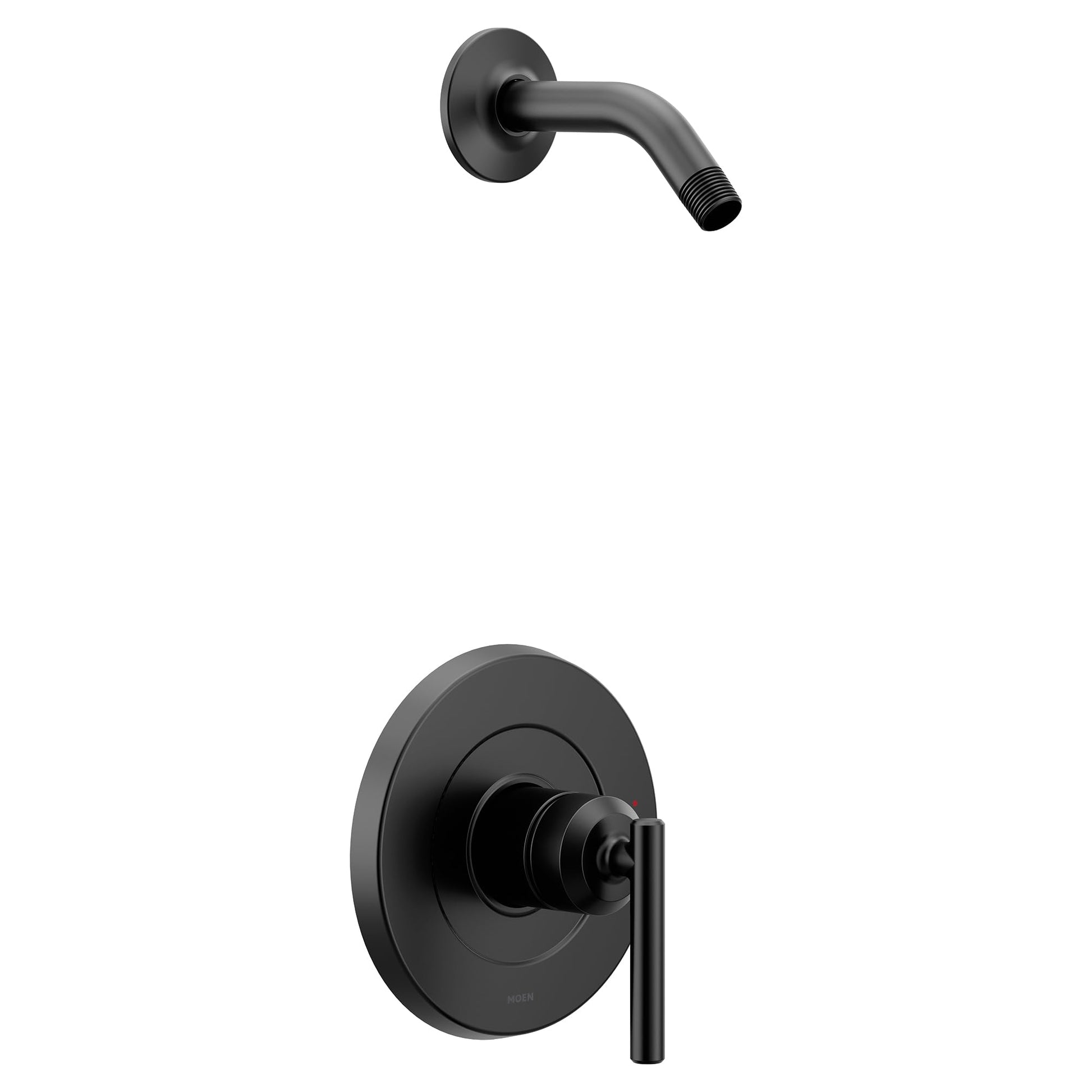 Matte black shower trim kit with single handle lever and curved wall-mounted spout.