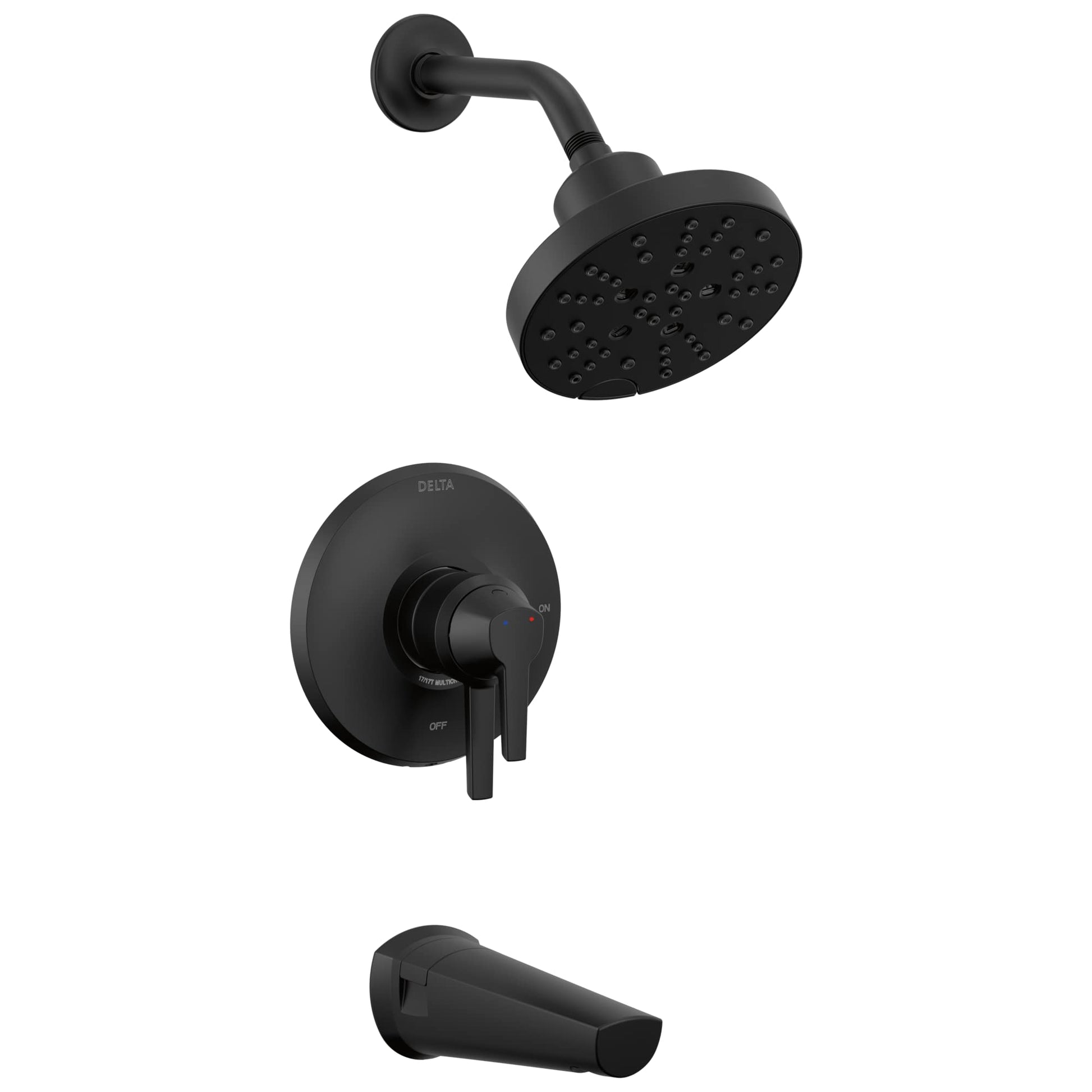 Black tub and shower trim set with round showerhead, wall-mounted arm, circular valve trim plate, and tub spout.