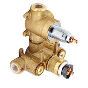 Brass thermostatic valve rough-in with two port connections and cartridge spool mechanism visible.