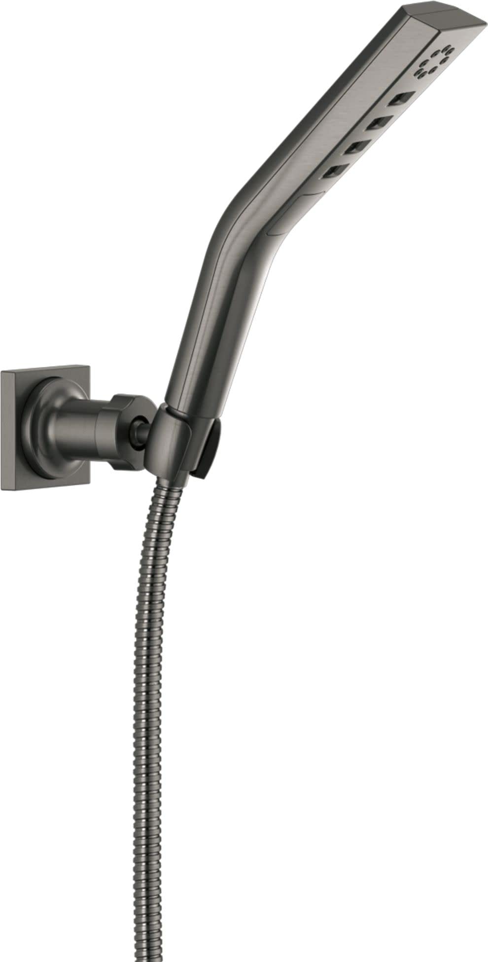 Brushed nickel wall-mount hand shower with curved grip, multiple spray holes, and flexible hose connection.
