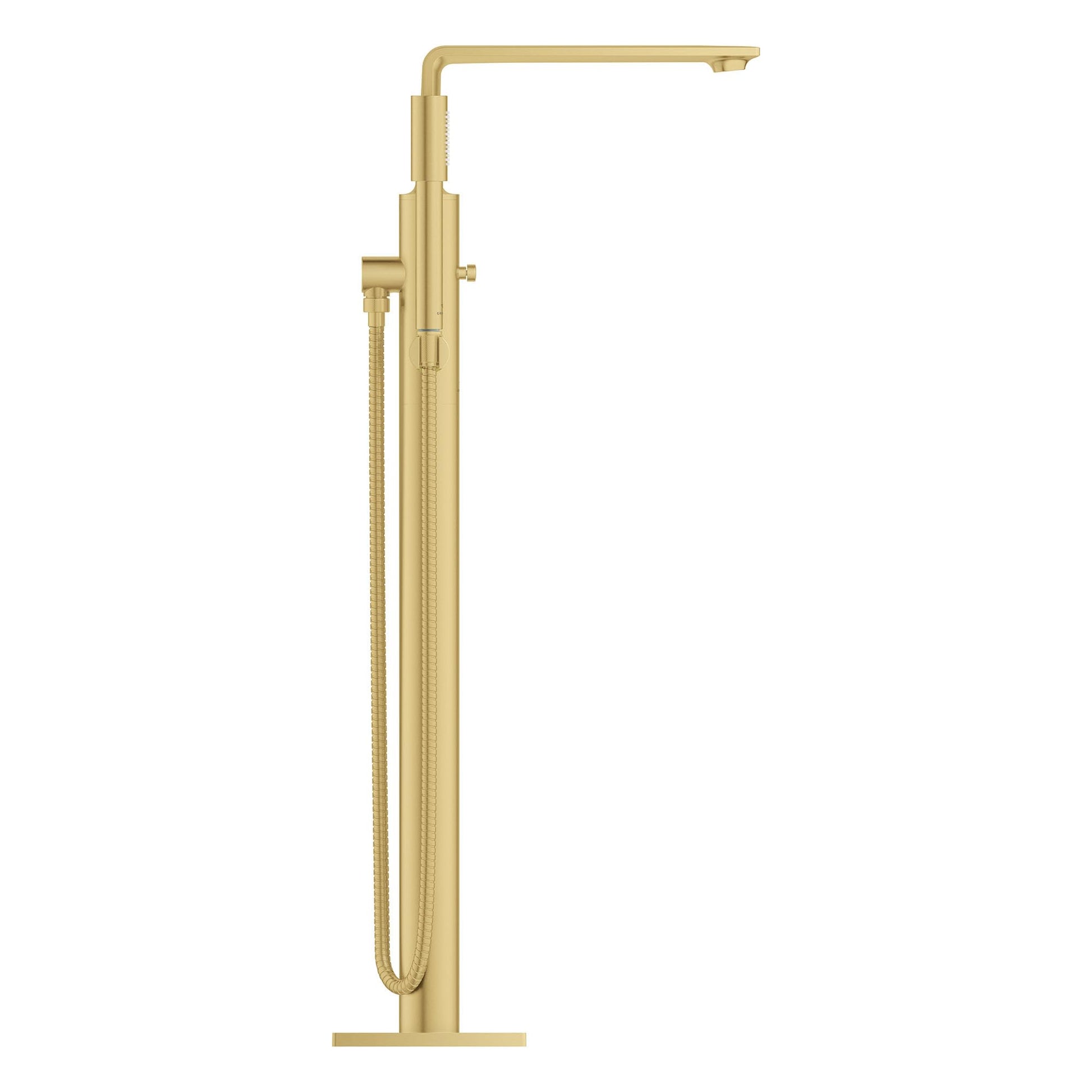 Brass freestanding tub faucet with single handle, curved spout, and attached hand shower on coiled hose.