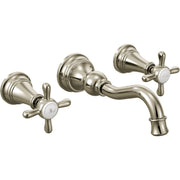 Polished nickel wall-mount bathroom faucet with high arc spout and two cross handles.