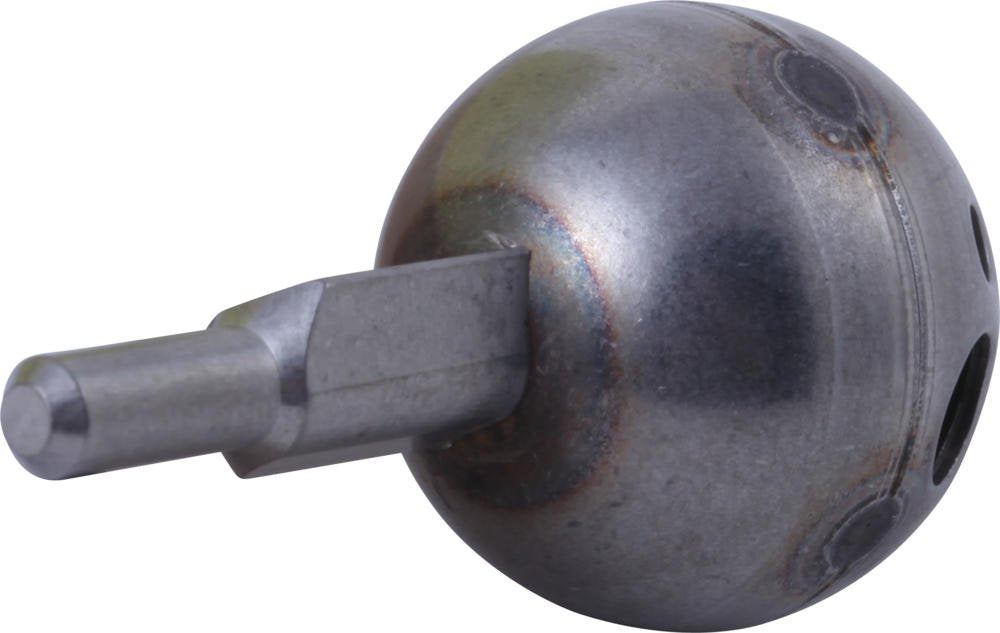 Metallic spherical ball cartridge with cylindrical stem extending from center and small holes on sides.