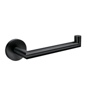 Matte black single post toilet paper holder with cylindrical mounting plate and angled arm.