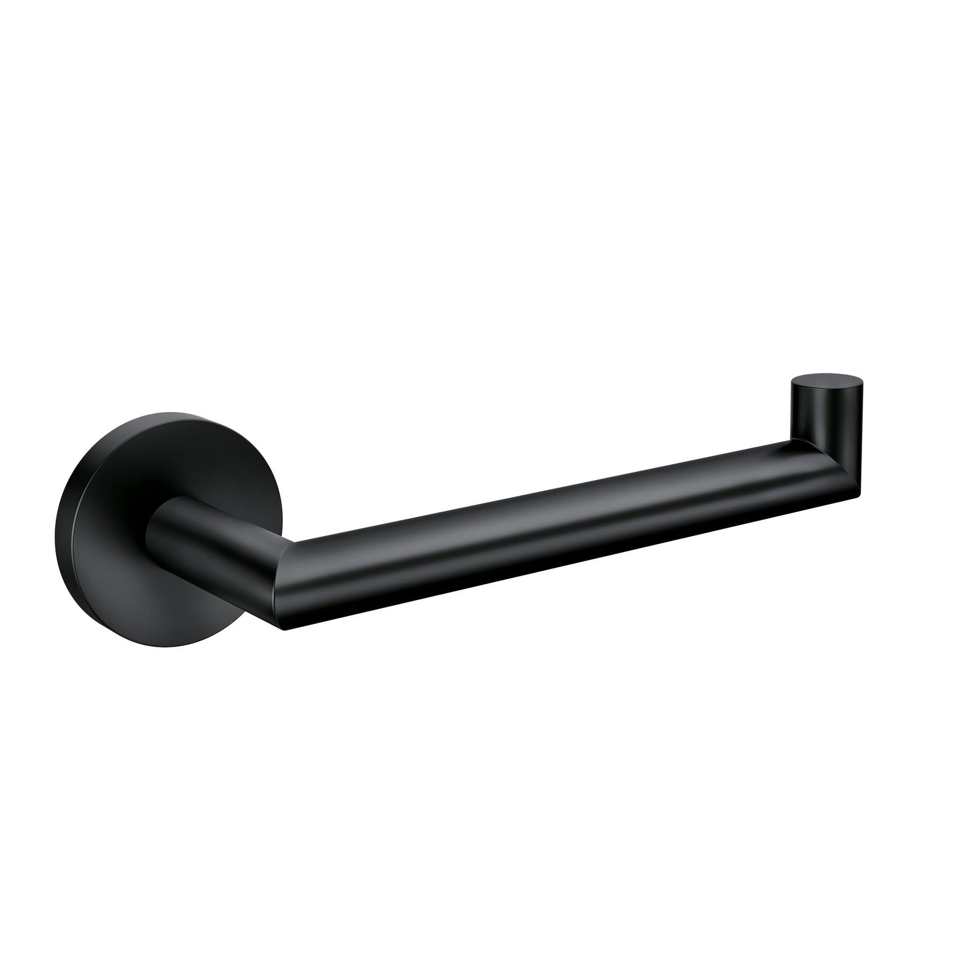 Matte black single post toilet paper holder with cylindrical mounting plate and angled arm.