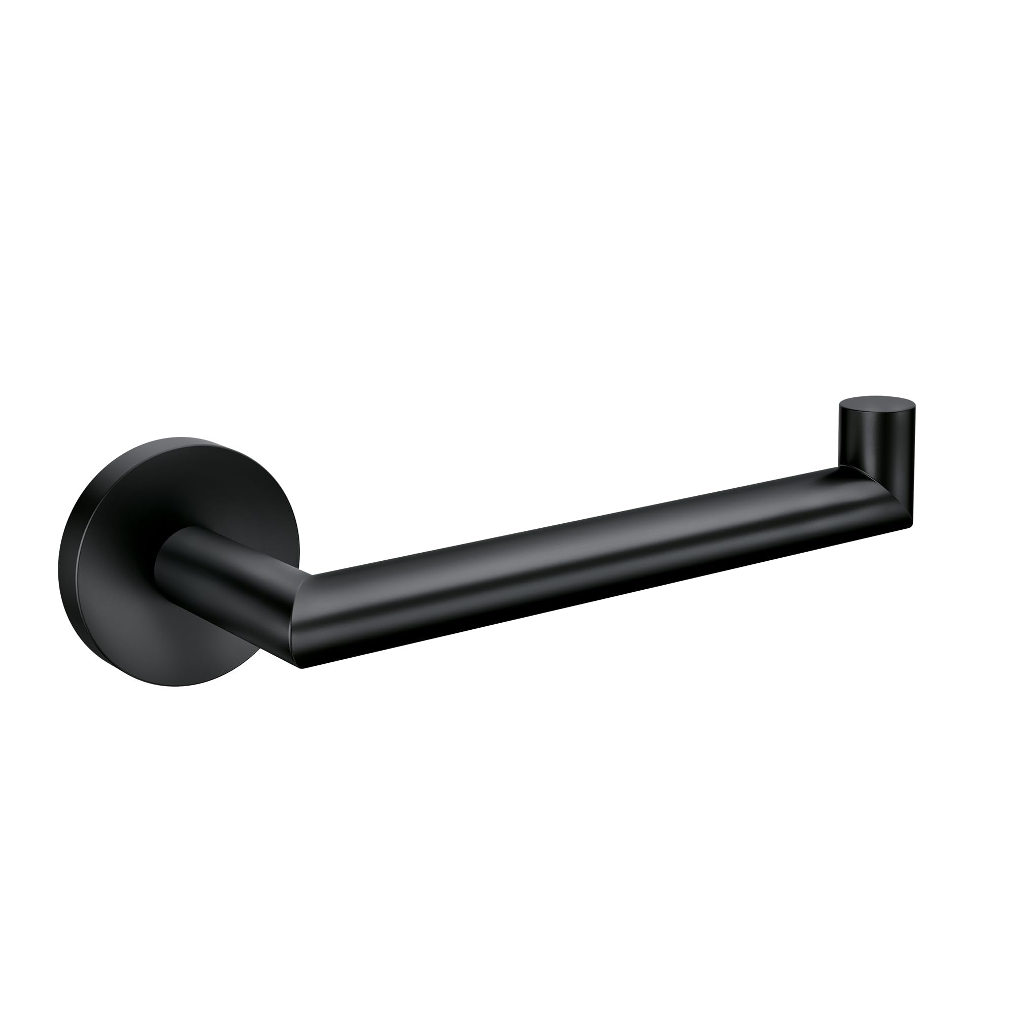 Matte black single post toilet paper holder with cylindrical mounting plate and angled arm.
