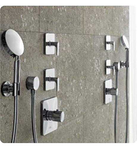 Chrome thermostatic shower trim with handheld showerhead, body jets, and wall-mounted control handles on tile wall.