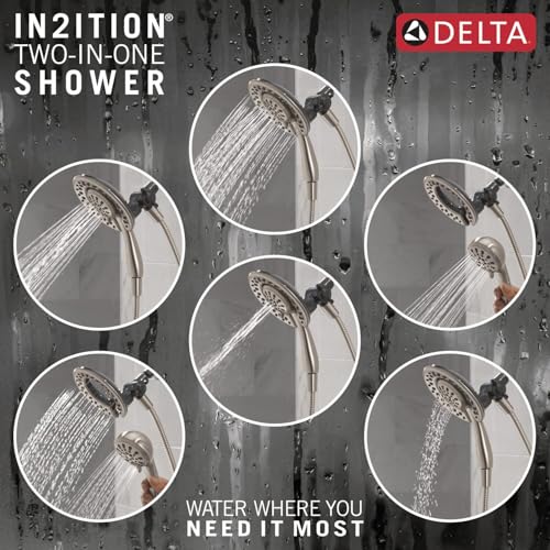 Delta In2ition dual-head shower system with brushed nickel finish displaying six spray pattern settings.