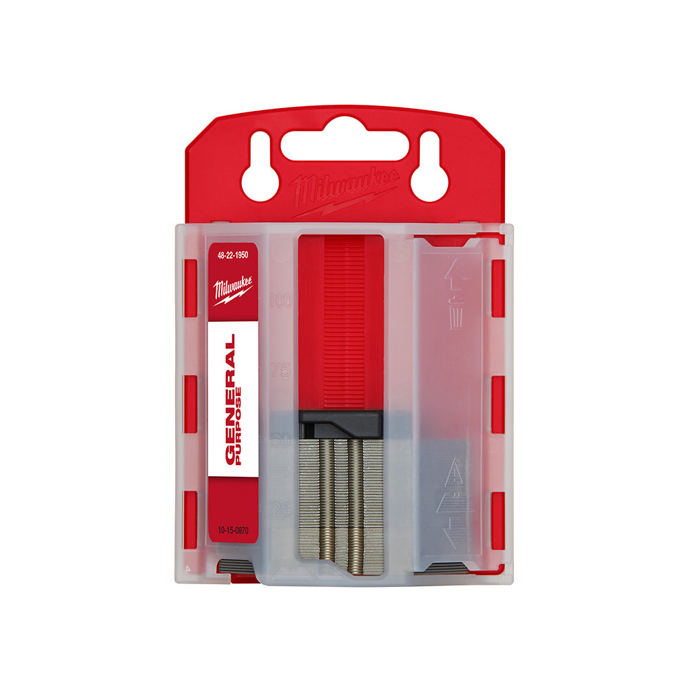 Milwaukee utility blade dispenser with red casing containing stacked metal blades and clear storage compartments.