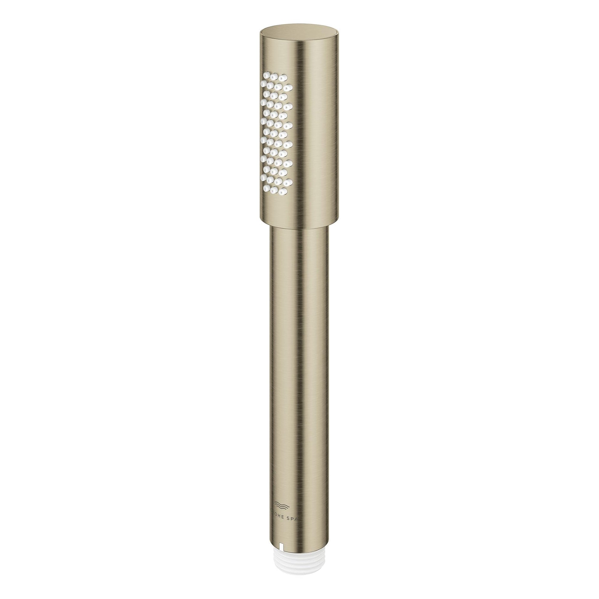 Brushed nickel cylindrical hand shower with circular spray holes and extended handle grip.