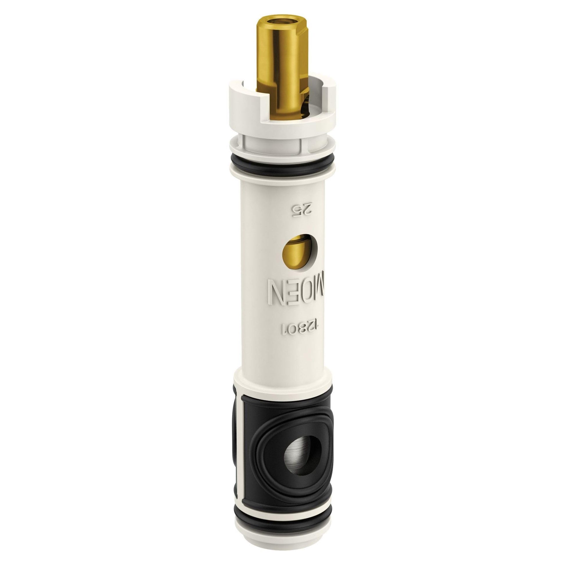 Moen 1225 replacement faucet cartridge with brass stem, white and black plastic housing, and rubber seals.