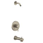 Brushed nickel tub and shower trim kit with single handle control, showerhead, and tub spout.