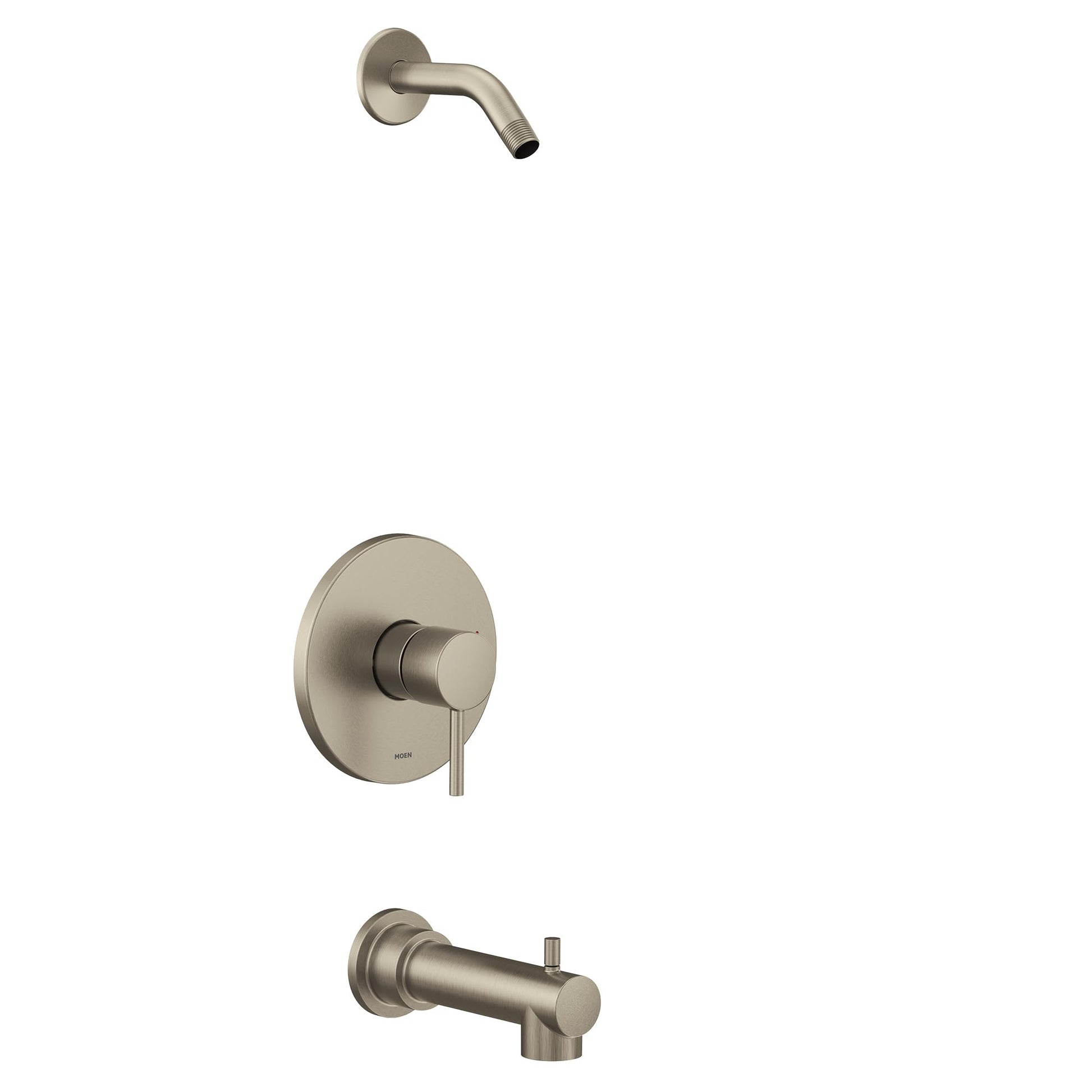 Brushed nickel tub and shower trim kit with single handle control, showerhead, and tub spout.