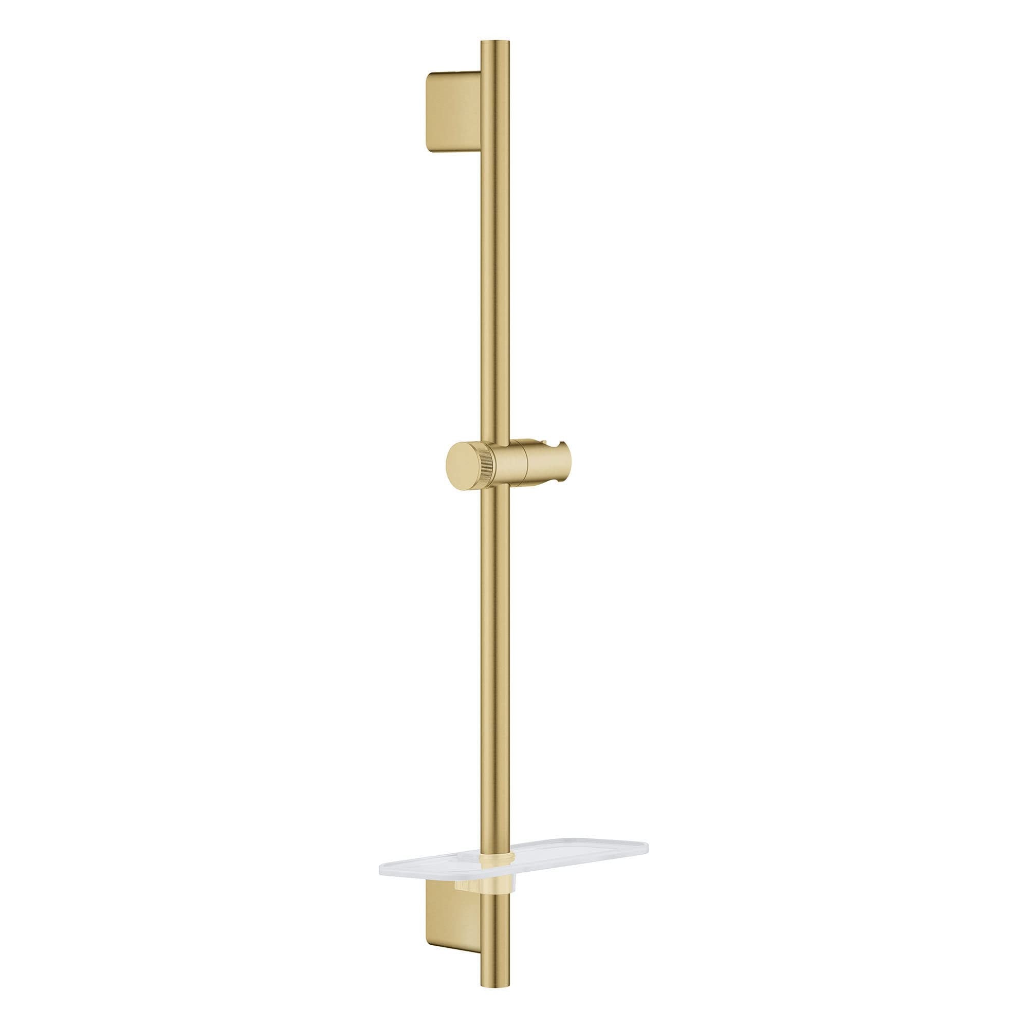 Brushed gold vertical shower slide bar with cylindrical handle, adjustment ring, and white shelf mount.