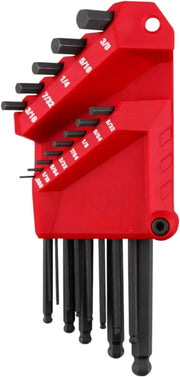 Red holder with 13 black ball end hex keys in varying sizes, organized on two angled rows.