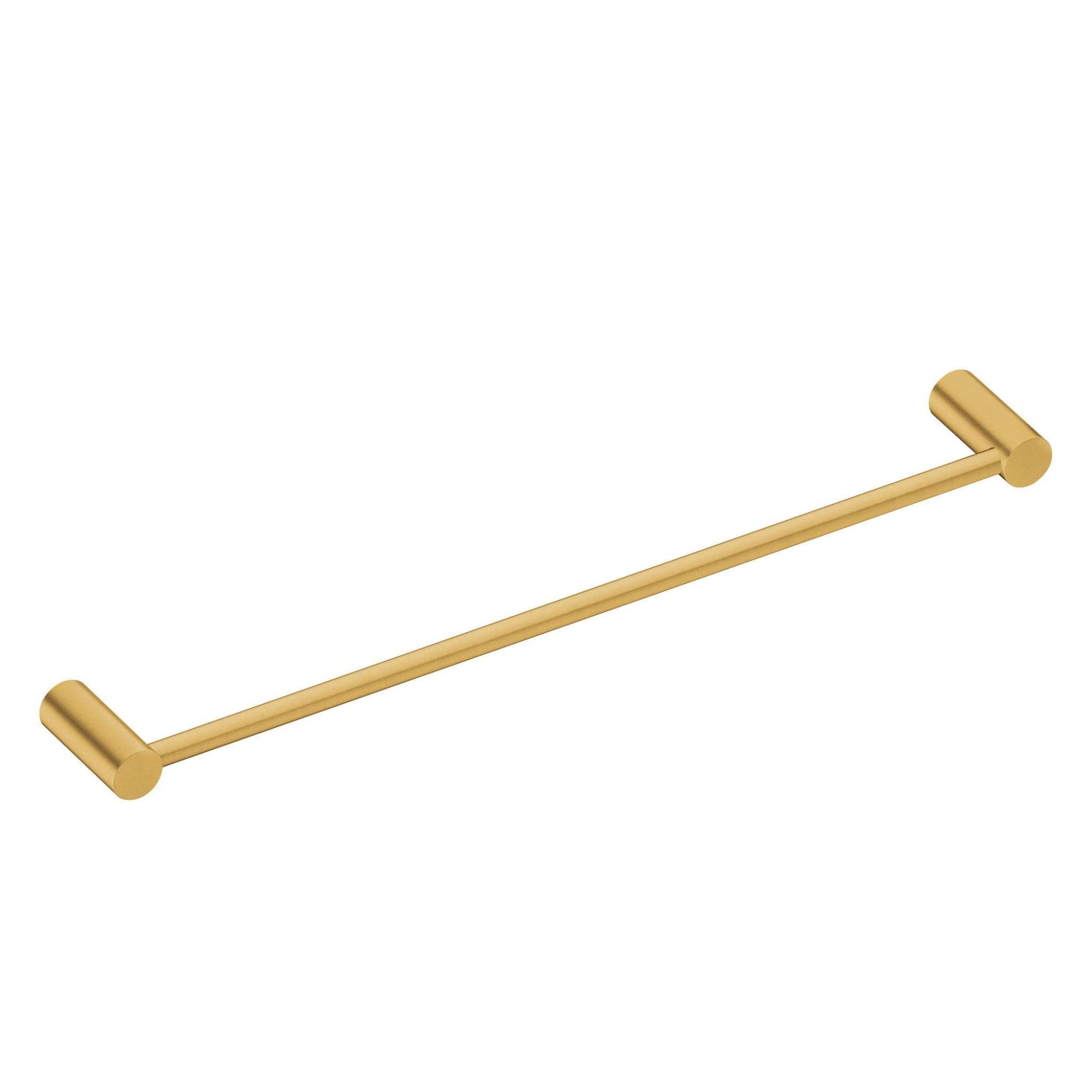 Brushed gold single towel bar with cylindrical end caps and straight horizontal rod.