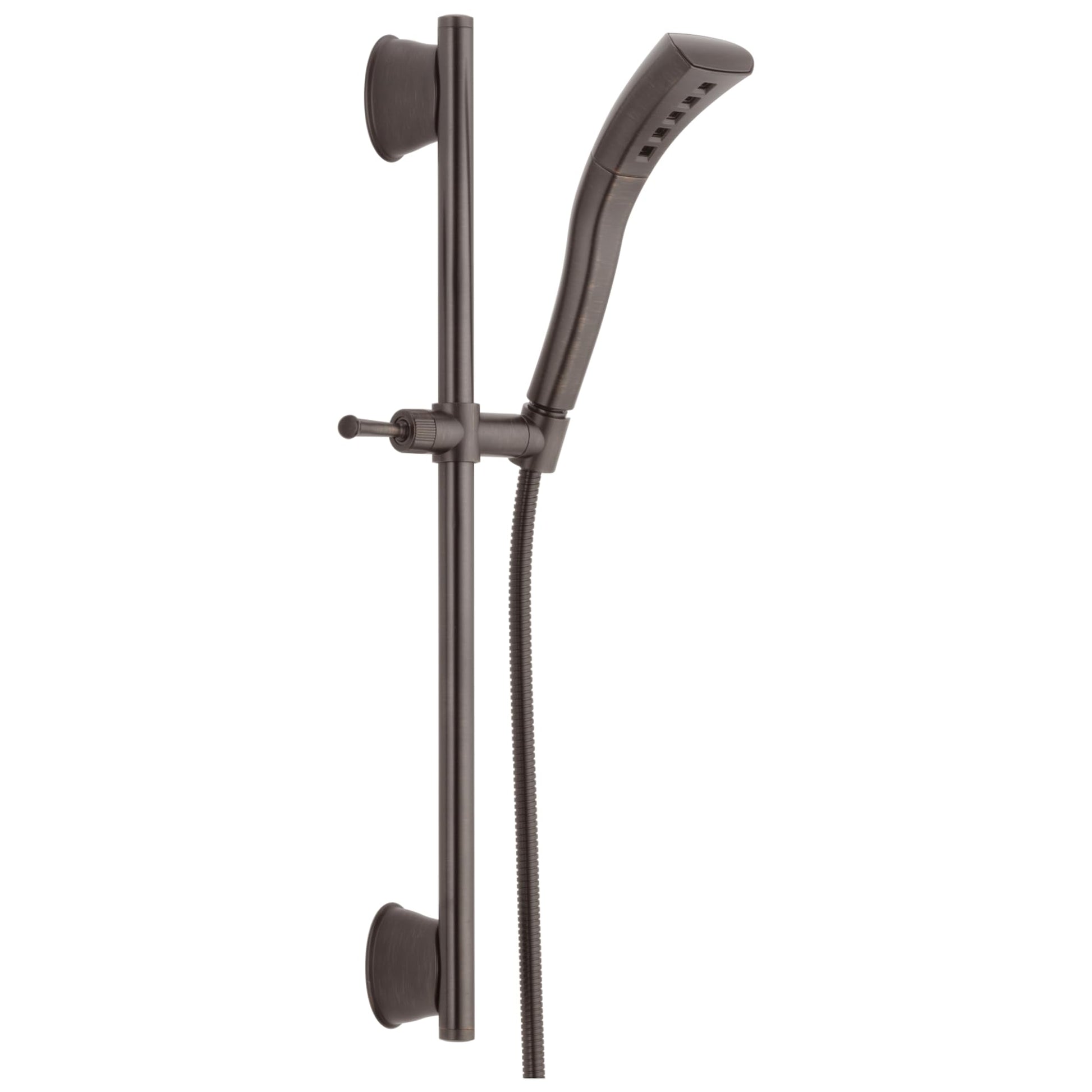 Chrome slide bar hand shower with adjustable bracket, control lever, and flexible hose in dark grey finish.